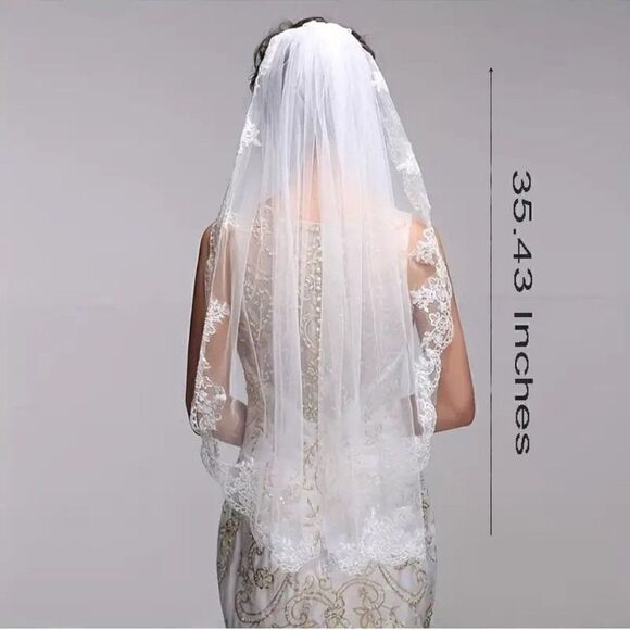 Embroidered Lace and Gems Edge Fingertip Bridal Wedding Veil White With Comb - Picture 5 of 8